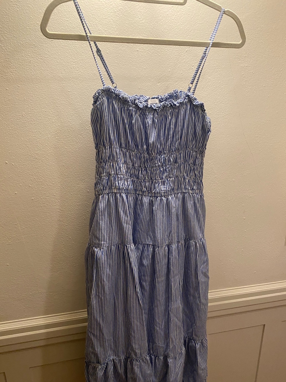 AUREUM Blue and White Striped Smocked Midi Sundress